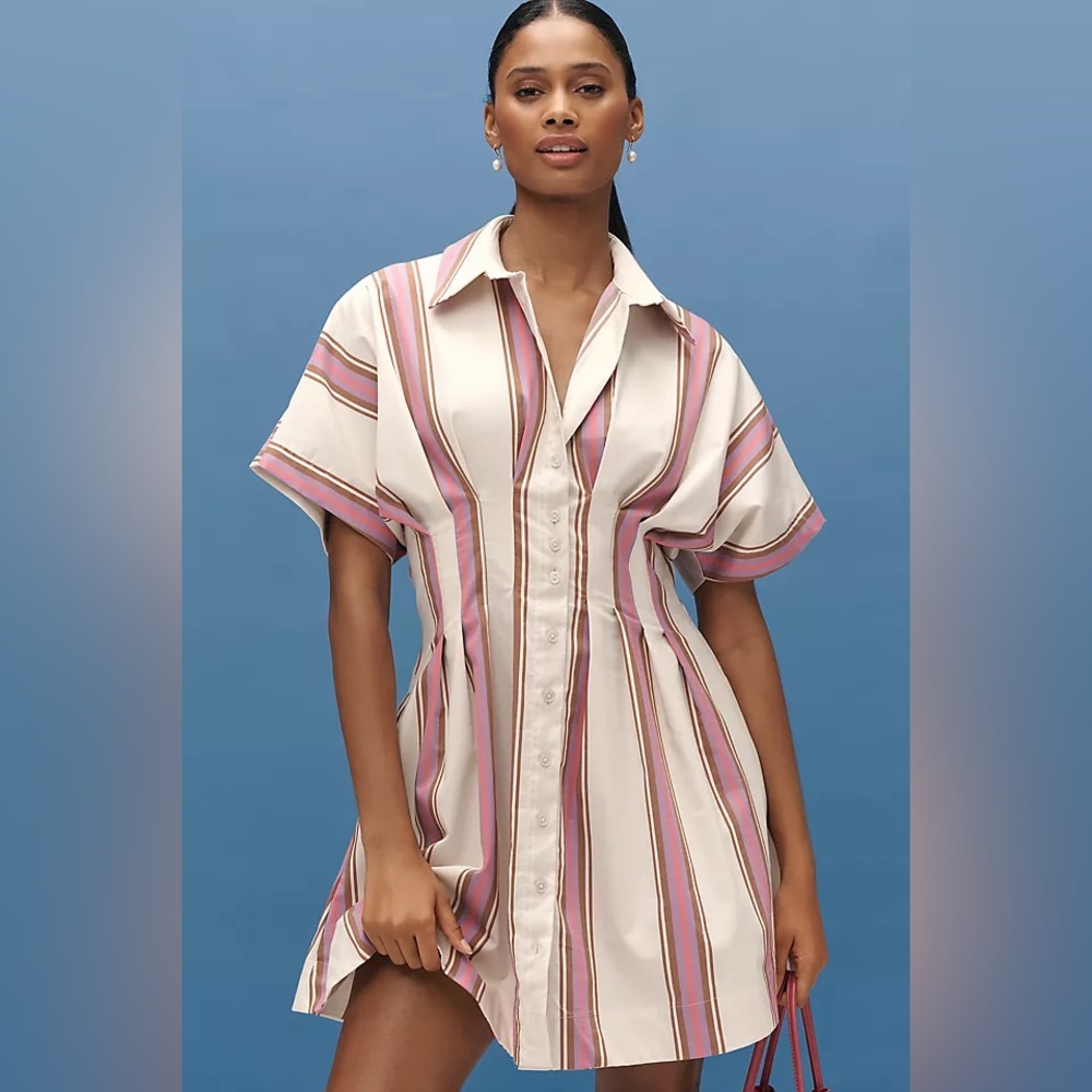 NWT Anthropologie Exquise Tobie Mini Shirt Dress; Ivory, Pink, Tan & Purple; XS